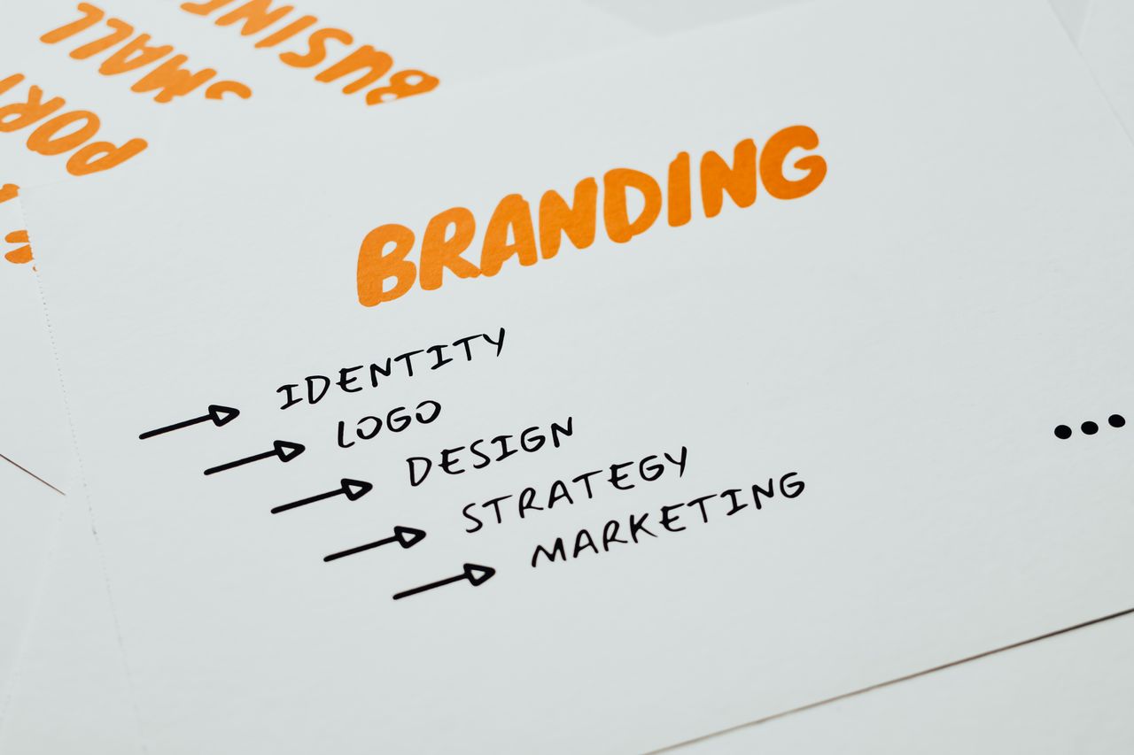 services-03 Close-up of a paper with branding, identity, design, strategy, and marketing concepts in orange and black.